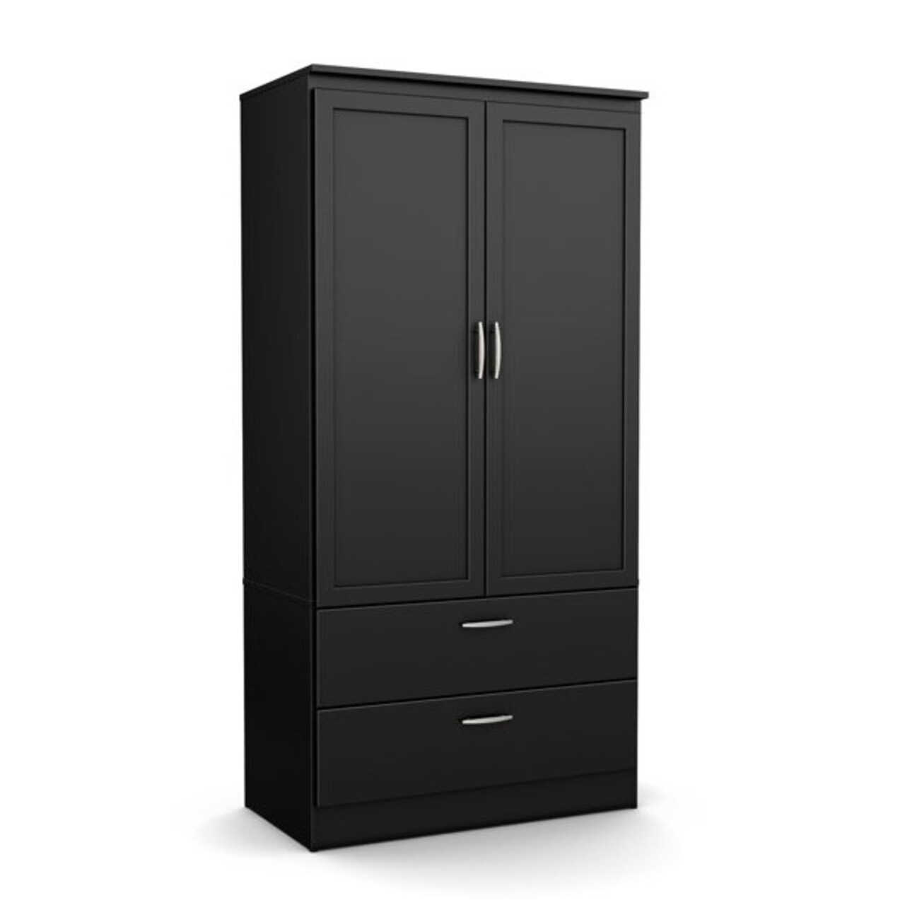 Modern Black Two Door Wardrobe with Drawers and Hanging Rod Storage for Bedroom Organization